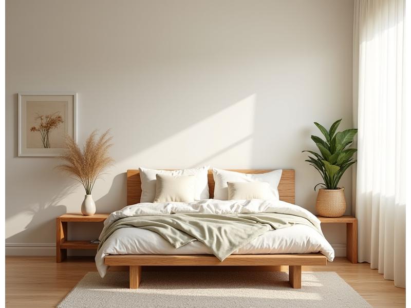 Camera da letto con mobili in legno naturale e decorazioni ecologiche